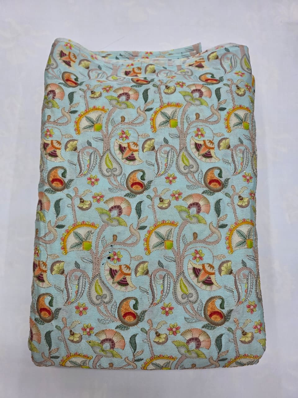 Chinon Embroidery Work Fabrics, Beautiful Chinon Fabric, Intricate Multi-color Thread Embroidery Work Fabrics Elegant Floral & Chinon Paisley Patterns Fabric, Chinon Embroidery Fabric By the Yard/Meter