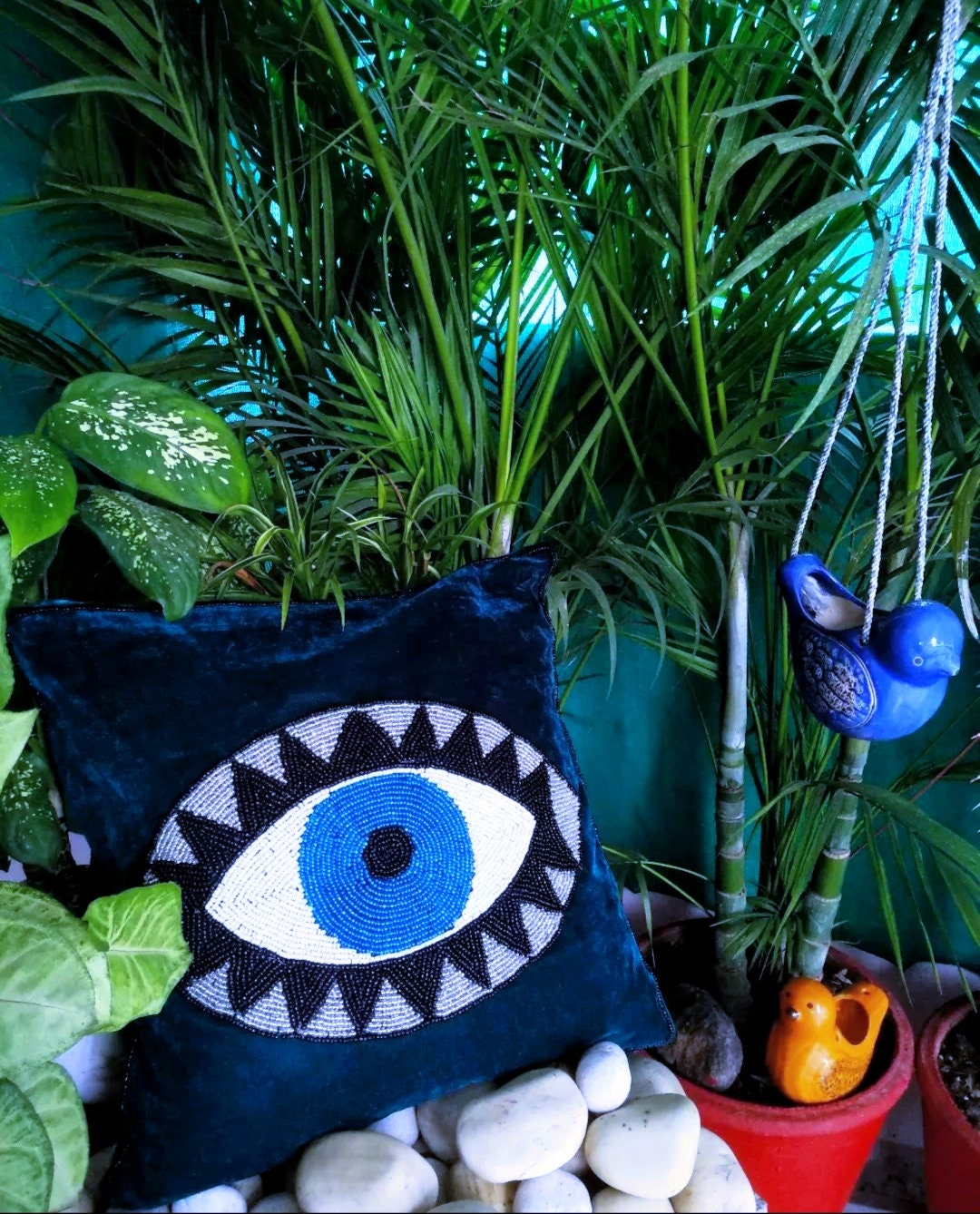 Velvet Evil Eye Throw Pillow For Bed - Midnight Blue Velvet Cushion Cover , Protection against Beady Eyes Evil Eye Pattern Unique Room Decor