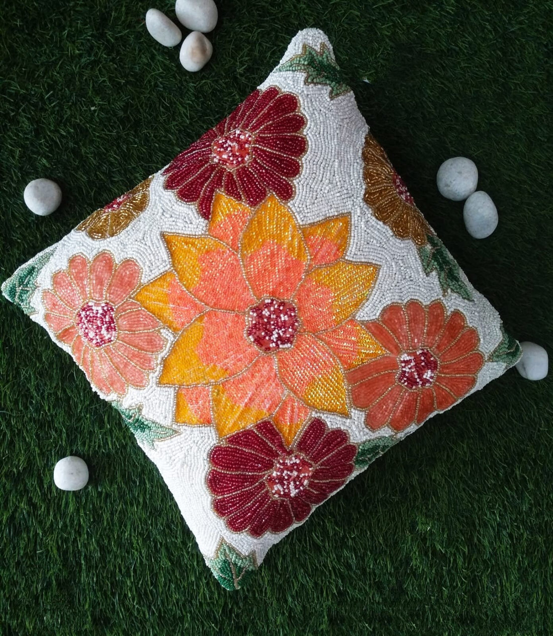 Beaded Flower Throw Pillow, Embroidered Cushion Cover, Home Decor Hand Embroidered Cushion Pillow Cover, Easter Decor, Pillow Cover Pillow Cover Set, Unique Room Decor Cushion Cover