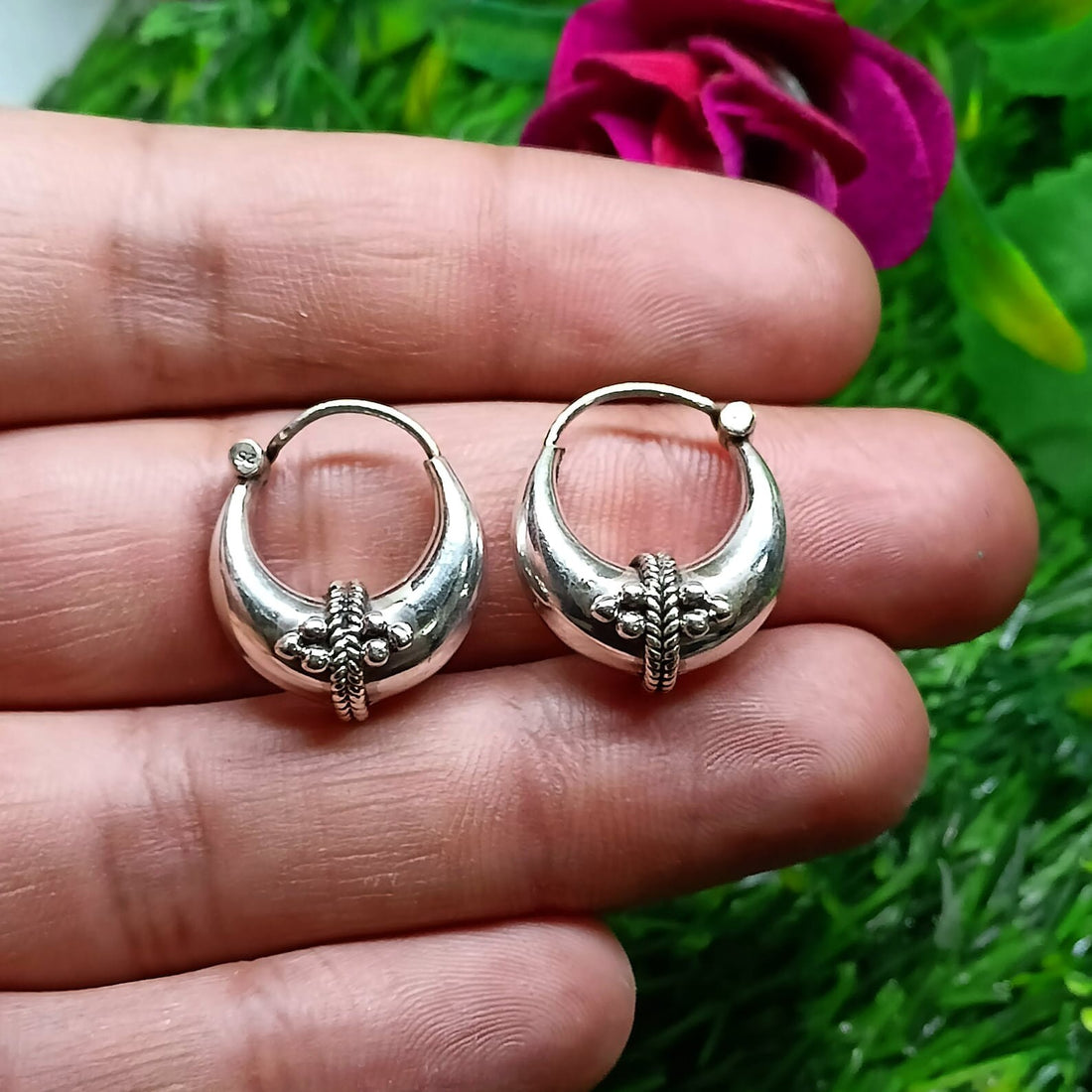 Chunky Hoop Earrings in Sterling Silver Pins Thick Hoop Earrings, Minimalist Huggie Earrings Vintage Ethnic Hoops Gift for Her, Chubby Hoops