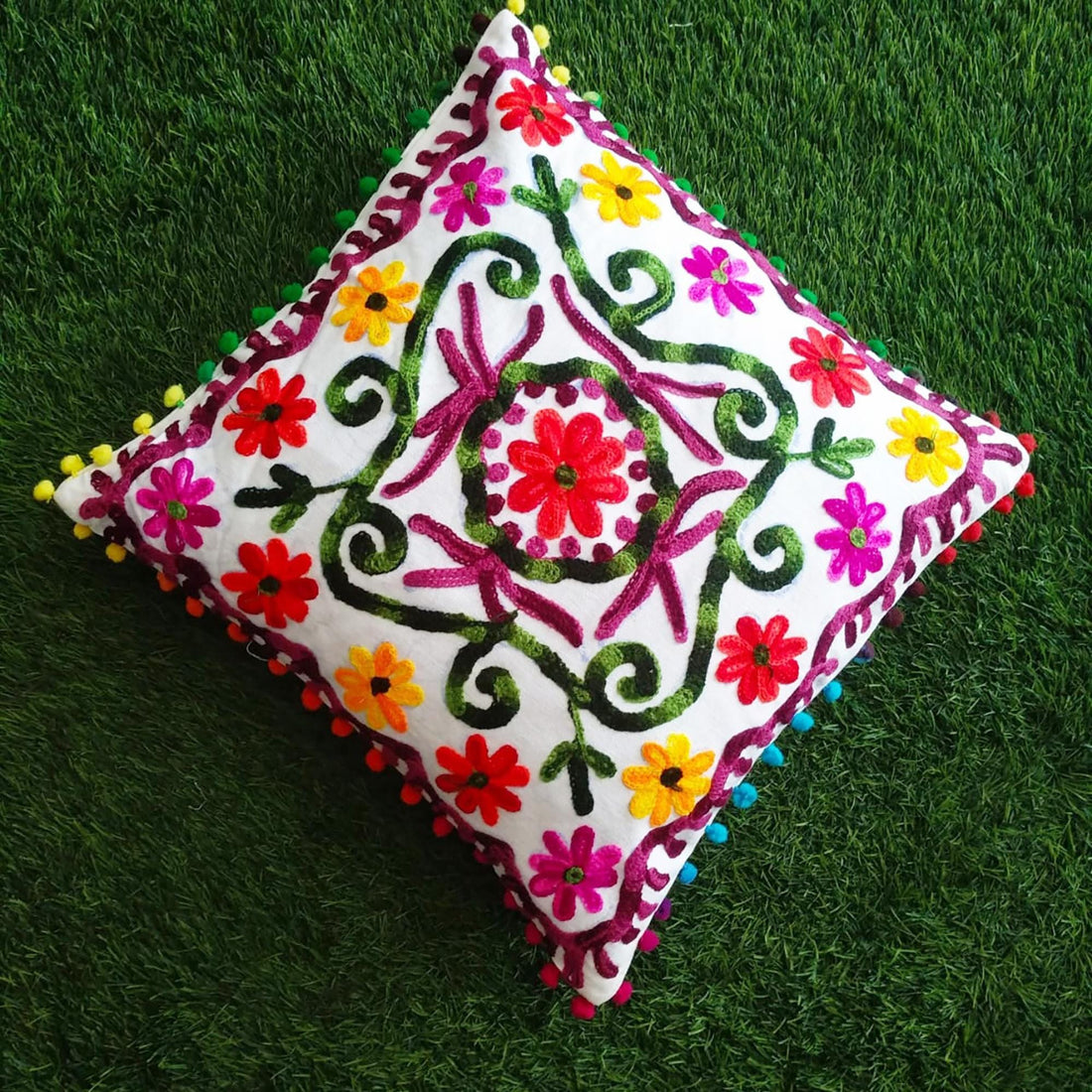 20X20 Indian Handmade Embroidered Pillow Cover, Colorful Floral Handmade Ethic Pillow Cover Case, Needle Embroidered Ethic Pillow Cover Gift Item- Cover Only Set Of 6 Pcs
