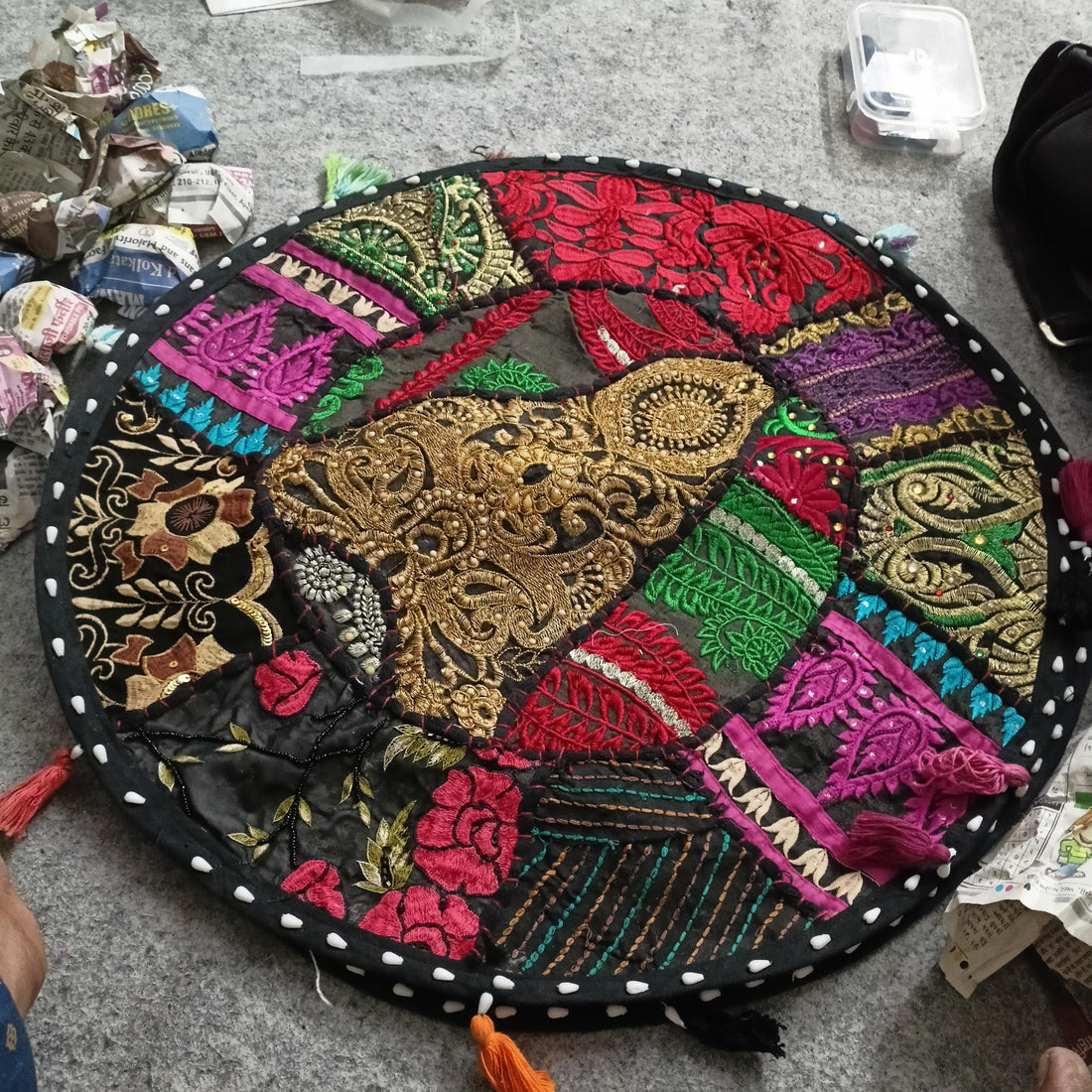 Indian Embroidered Patchwork Ottoman Pouf Handmade kantha Pouf Decoration Pouf Footstool Floor Pouf Ottoman Floor Pouf Gift Item- Cover Only