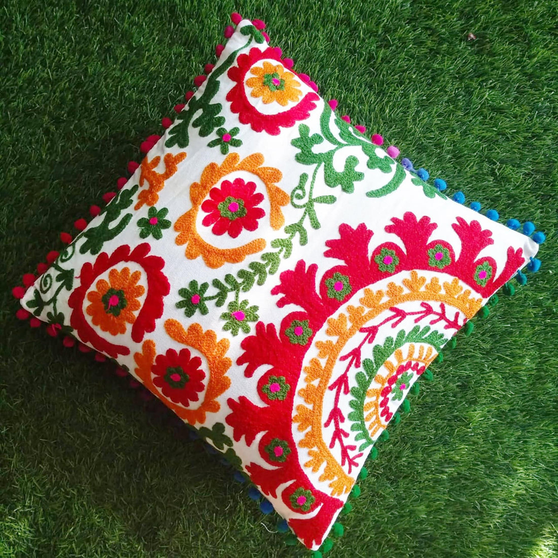 Colorful Floral Embroidered Pillow Case, Handmade Indian Boho Decor, Decorative Pillow Cover, Embroidered Cushion For Home Decor, Gift Items